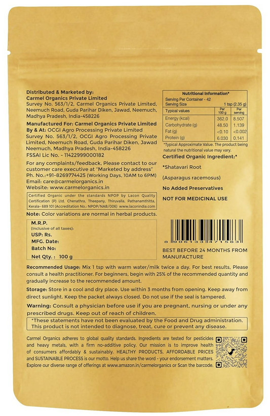 Carmel Organics Shatavari Root Powder 