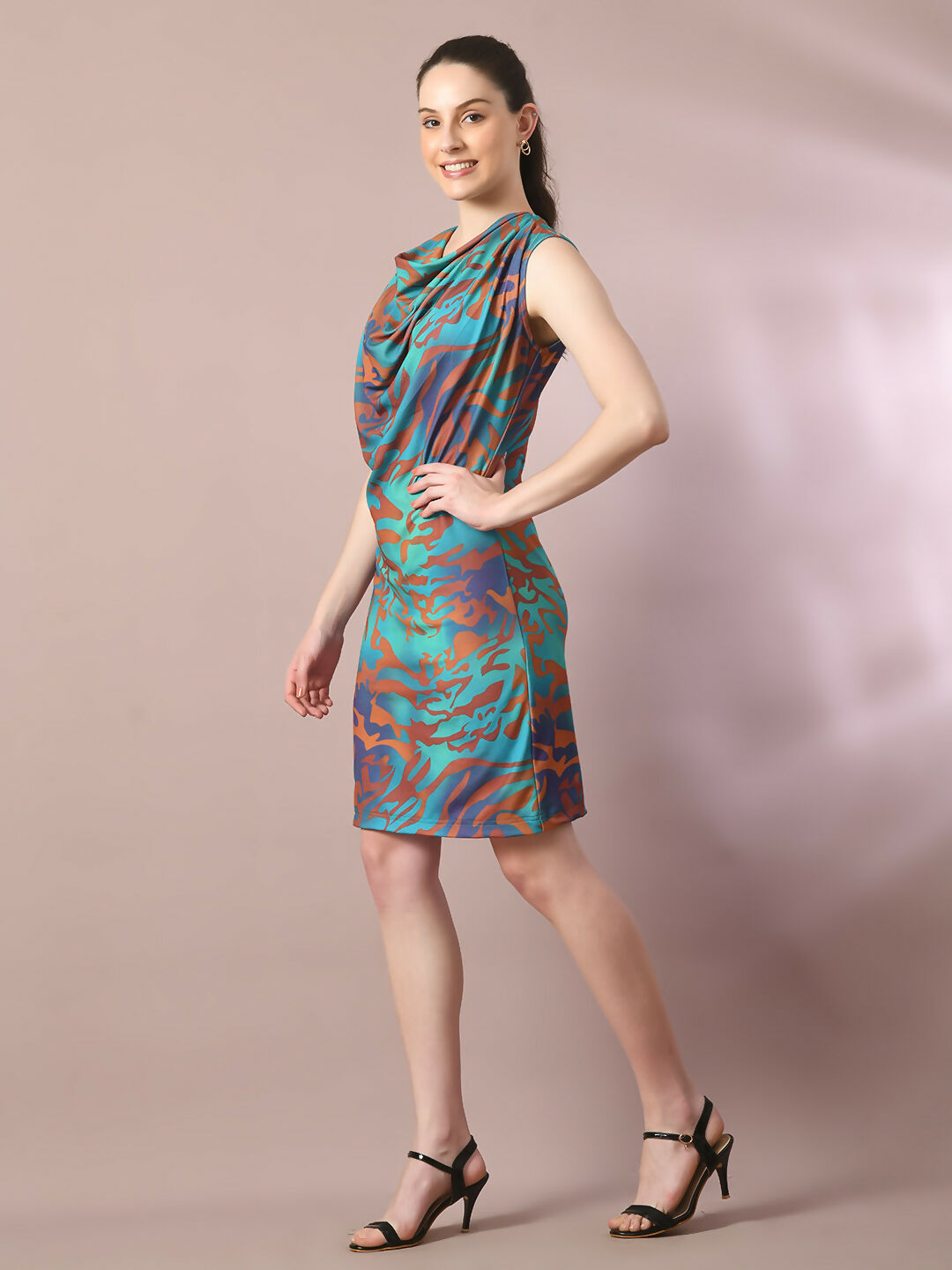 Myshka Women's Multi Printed Cowl Neck Bodycon Party Dress
