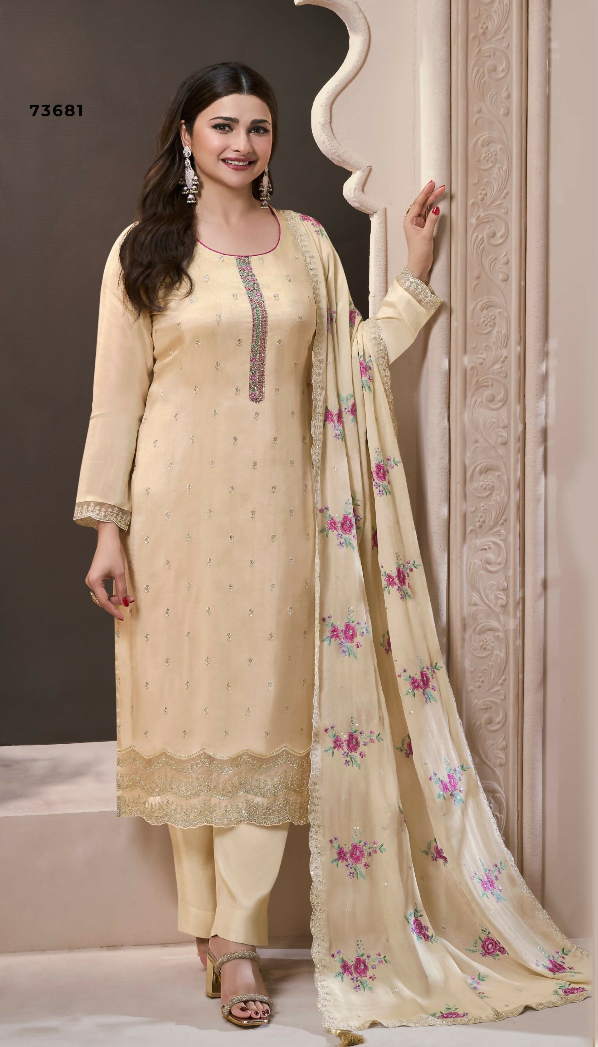 Anaita Cream Silk Embroidered Stitched Salwar Suit