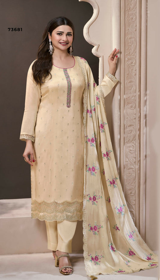 Anaita Cream Silk Embroidered Stitched Salwar Suit