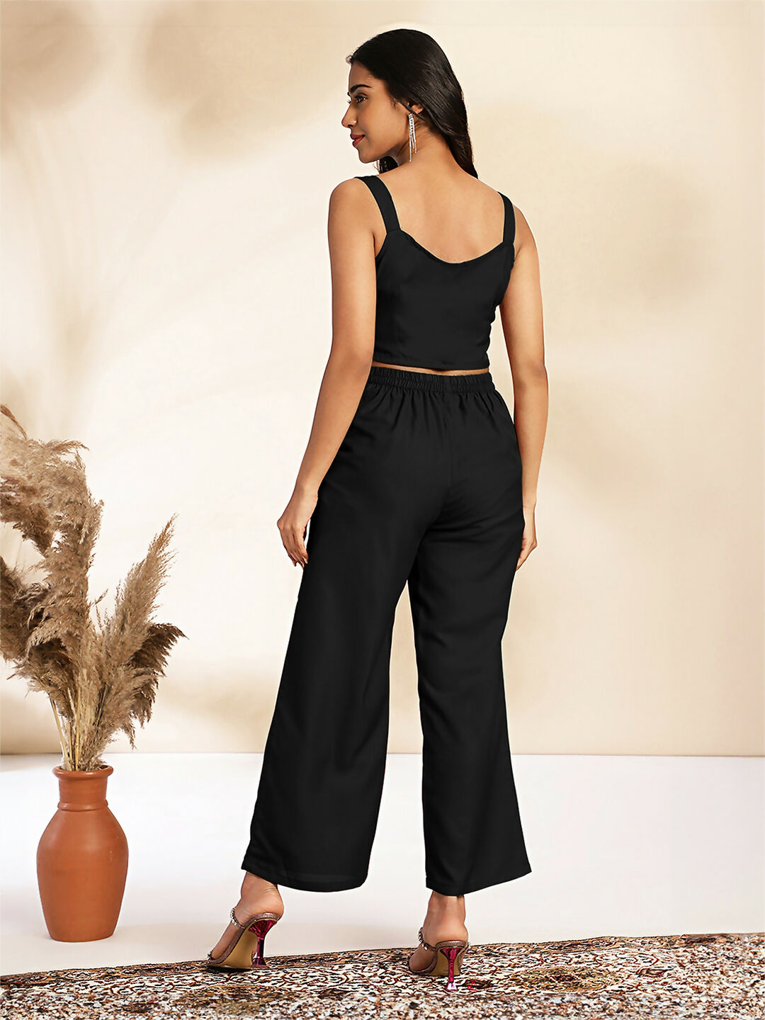 Janasya Black Crepe Solid Top,Bottom & Jacket 