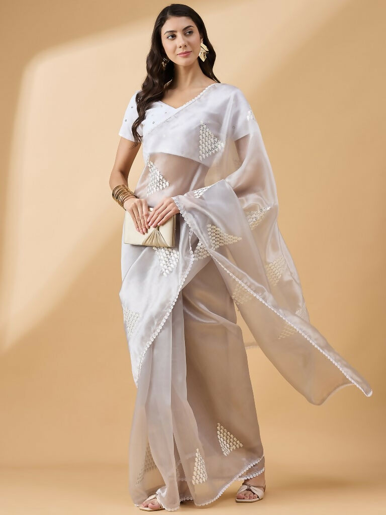 Grey Tissue Slub Embroidered Saree with Unstitched Blouse - Vairagi