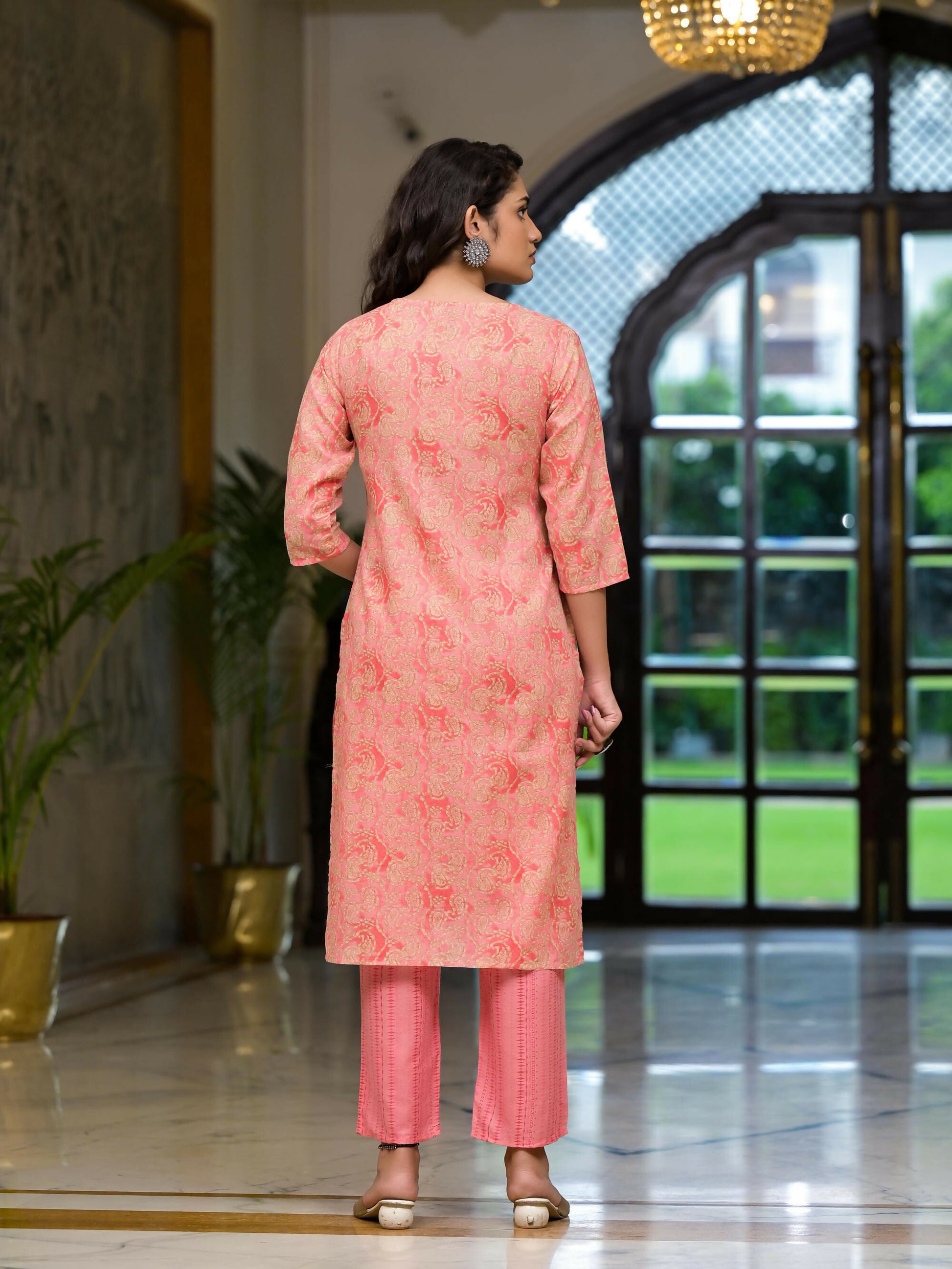 Juniper Women's Pink Ethnic Motif Printed Cotton Kurta Pant And Dupatta Set With Mirror Work & Sequins