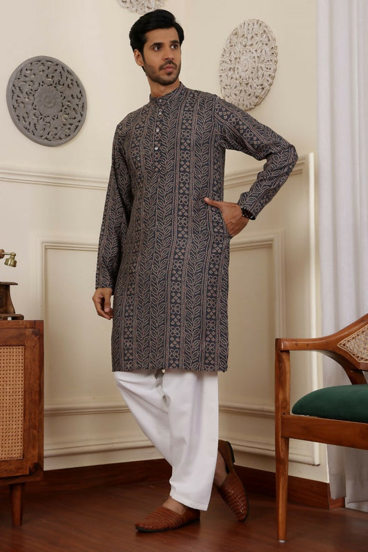 Blue Modal Silk Woven Designer Men's Rajwadi Kurta Set - Mahotsav