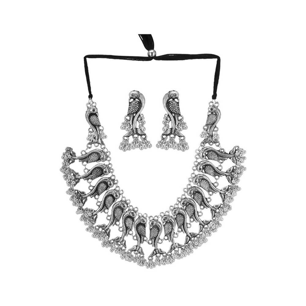 Mominos Fashion Parrot Design Silver Color Choker with Ghungru Necklace Set
