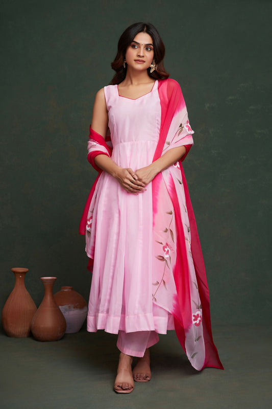 Aayaa Viscose Organza Dyeable Hand Painted Suit - Light Pink