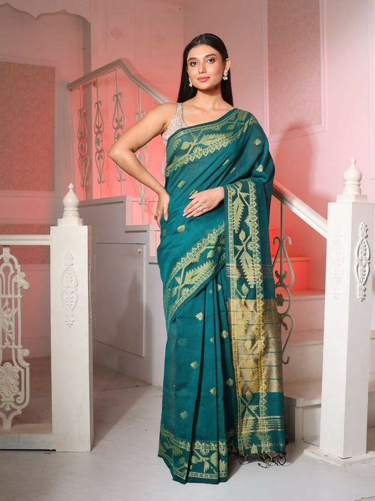Exclusive Collection Beautiful Green Pure Cotton Woven Handloom Grab2Buy With Running Blouse Piece 