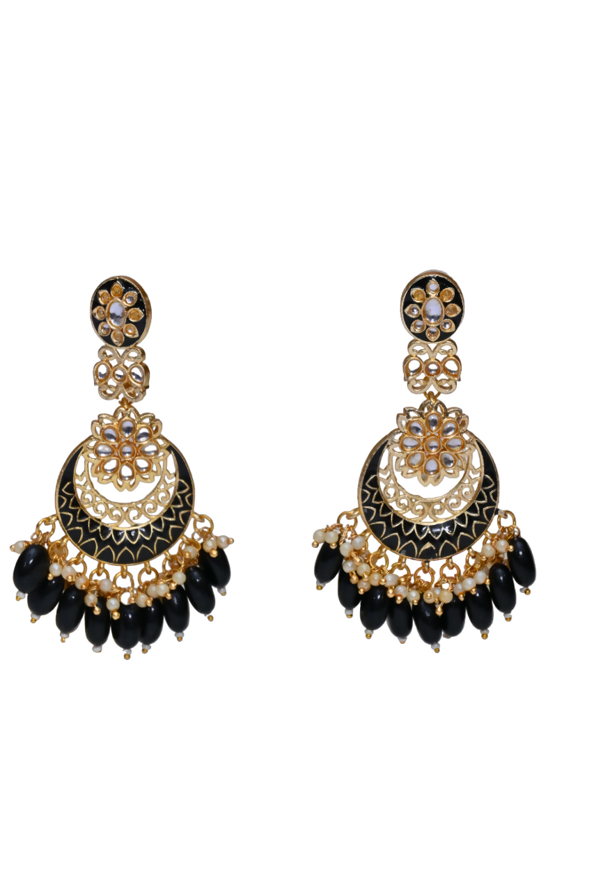 Gold Plated Kundan & Pearl Dangle Women Black Meenakari Chandbali Earrings By House of Ree - Grab2buy