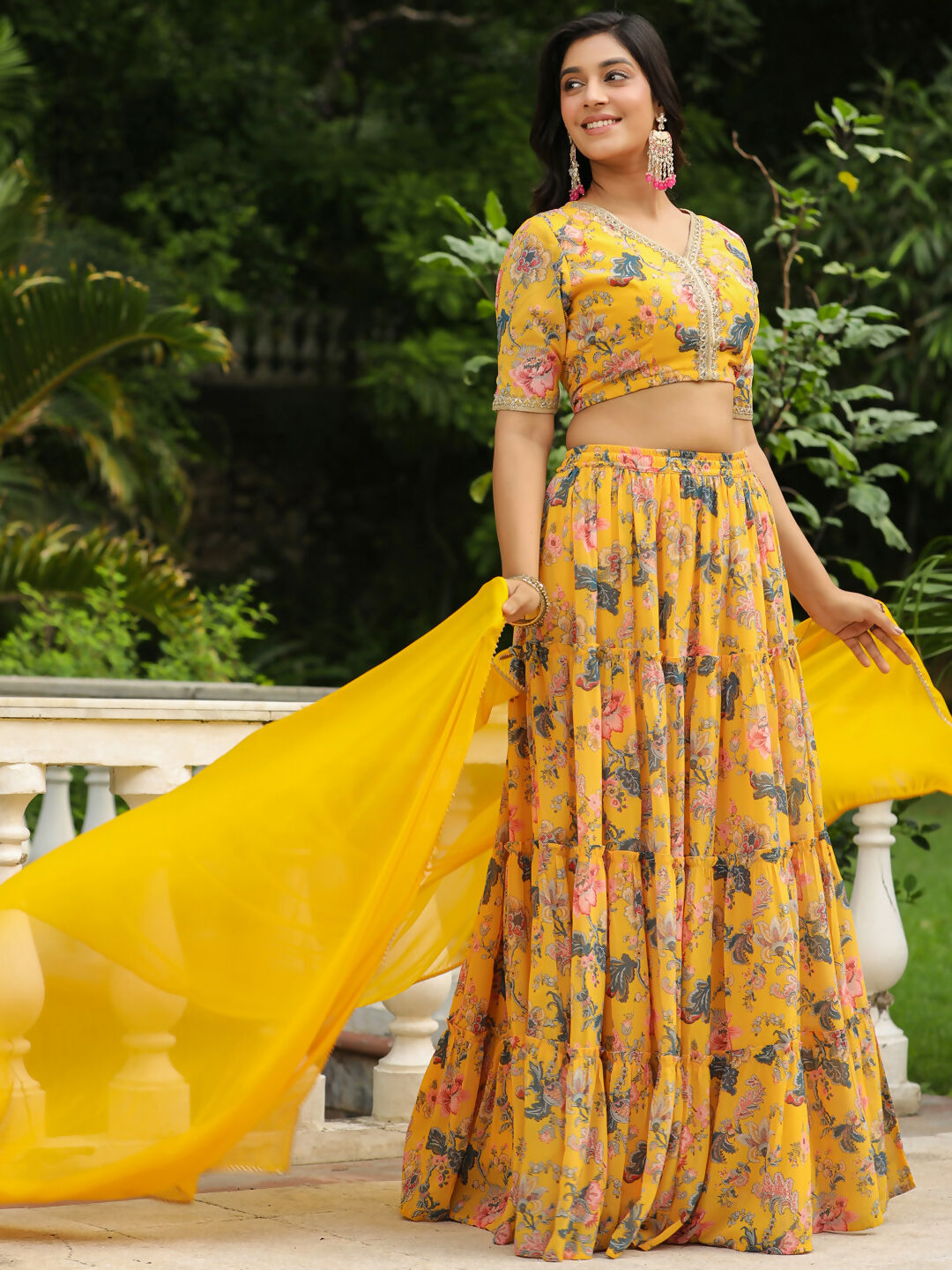 Janasya Yellow Georgette Floral Lehenga Choli Dupatta 