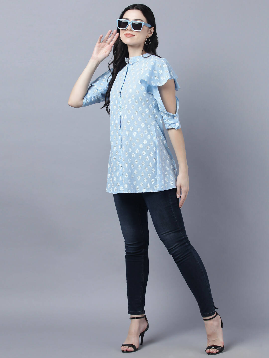 Myshka Stylish Blue Cotton Half Sleeve Women's Top