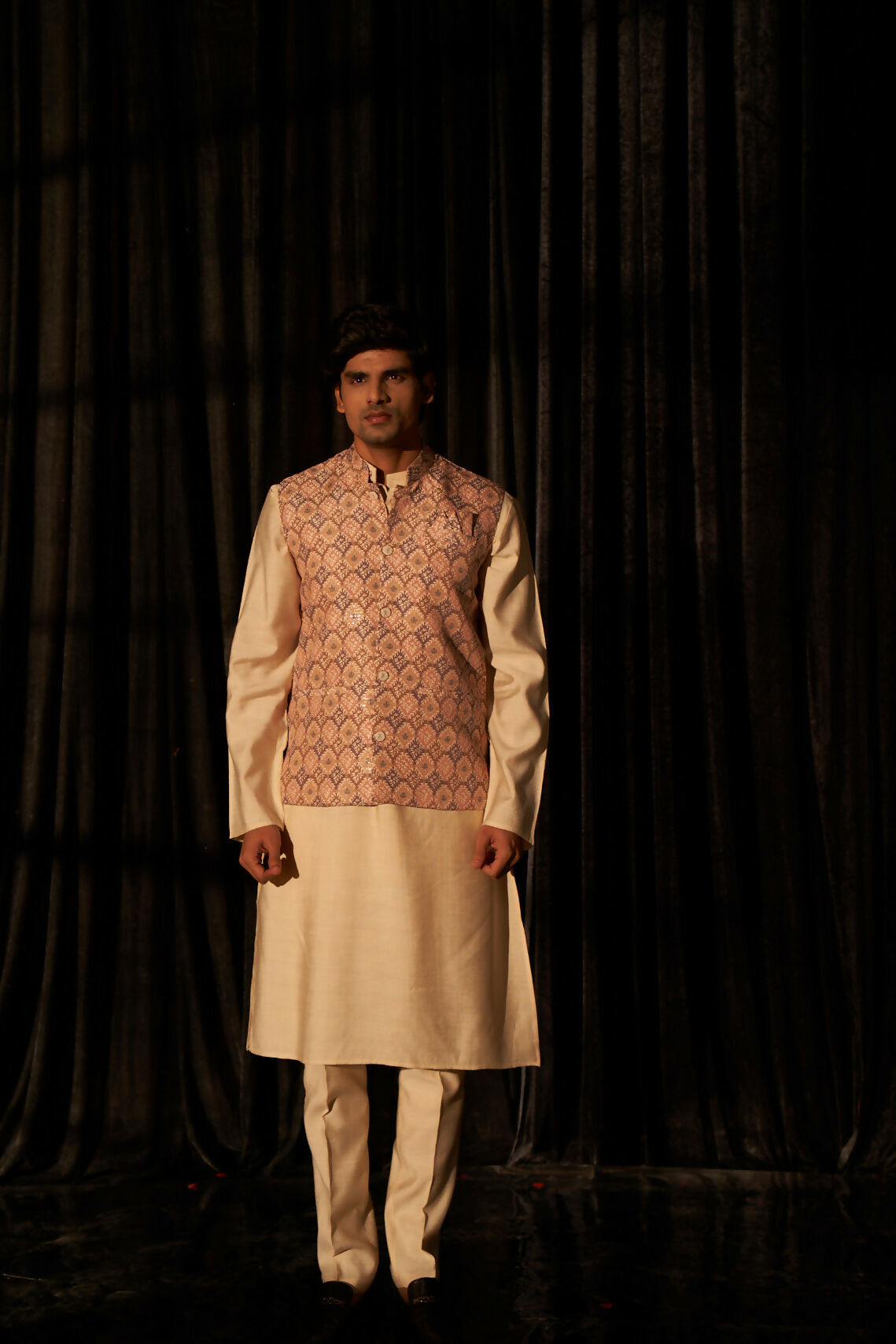 Brown Viscose Designer Printed Men's Kurta Set with Koti - Mahotsav
