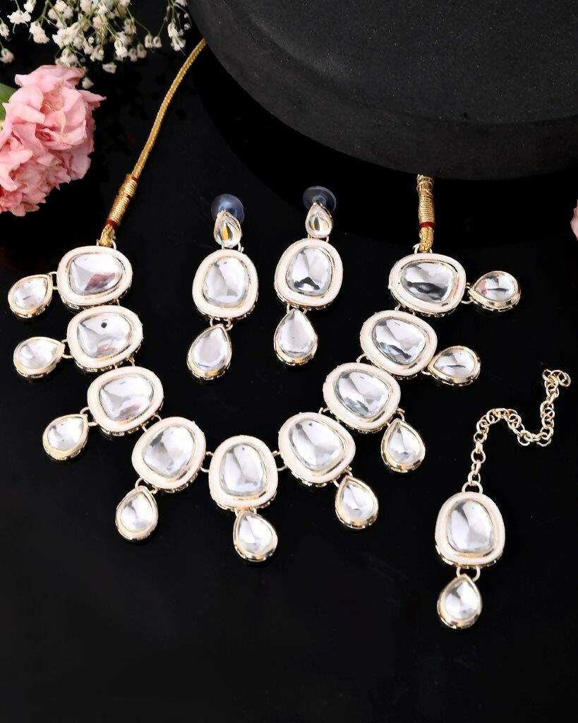 VOJ Kundan Studded Silver Plated White Color Jewellery Set with MaangTikka - Grab2buy