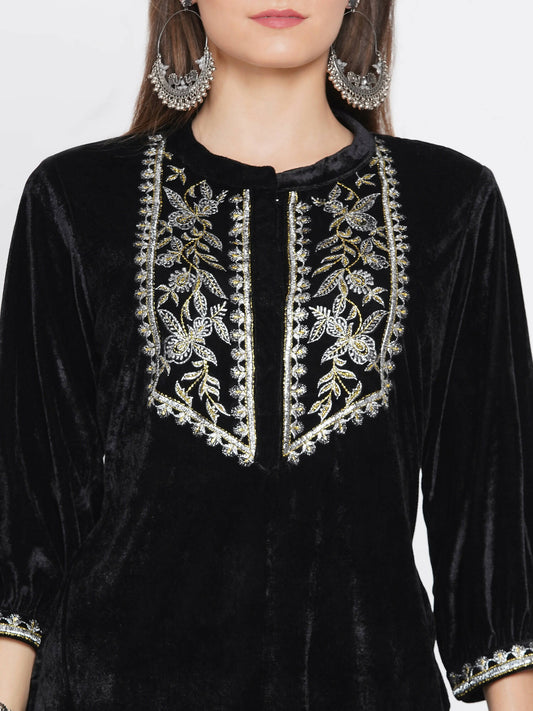 Women Republic Black Velvet Embroidered Kurta With Pants - Grab2buy
