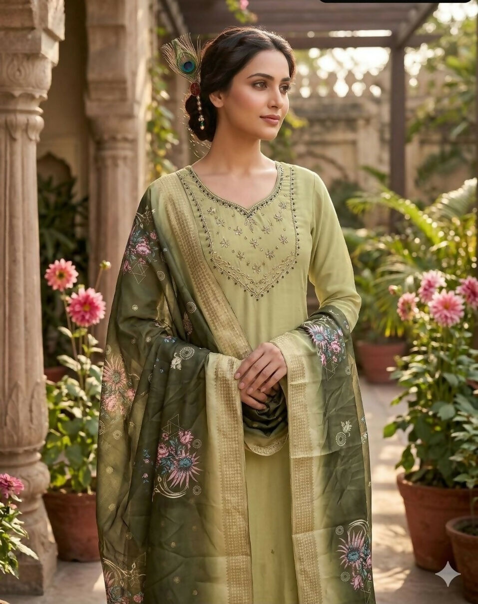 Teeya Creation New Trendy Fancy Premium Mul Chanderi Kurta Set - Green