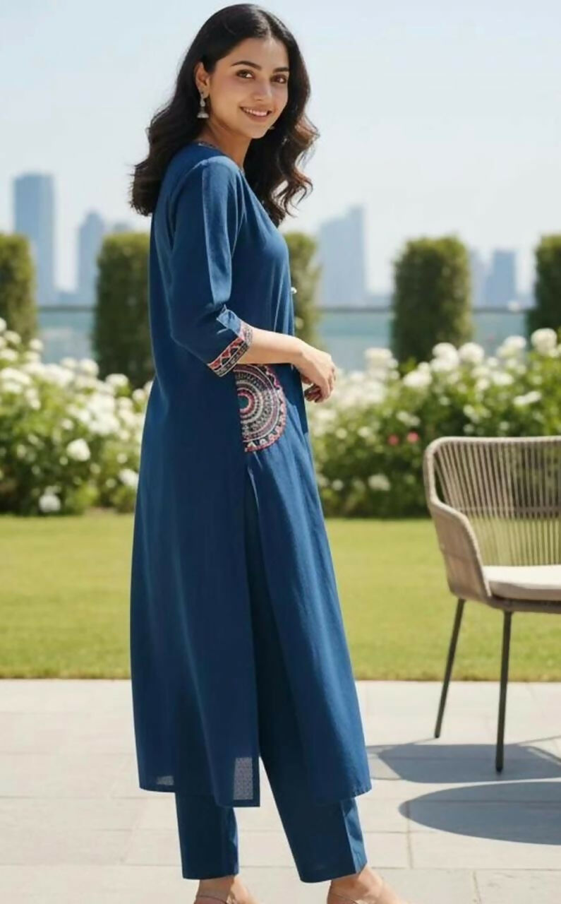 Miravan Womens Blue Straight Kurta With Palazzo Set