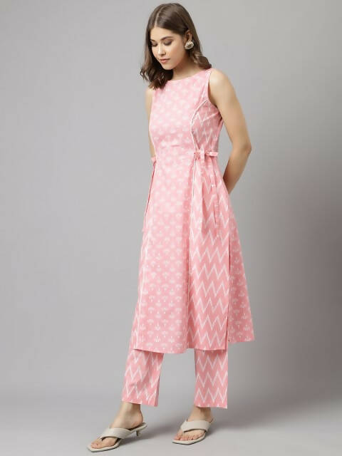 FIORRA Women's Baby Pink Cotton A-Line Kurta Set 