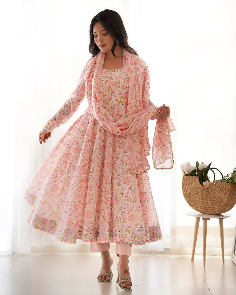 Joban Fashion Peach Kurta Set Organza Sequin Embroidery Work 