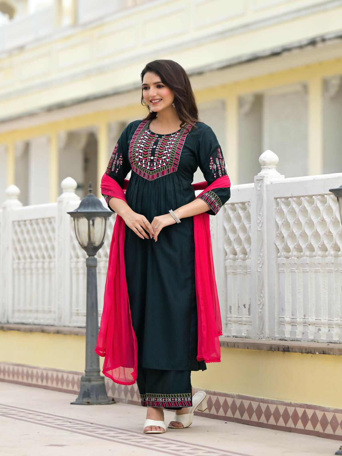 Juniper Women's Green Solid Nylon Kurta Pant With Dupatta Set With Thread & Mirror Work