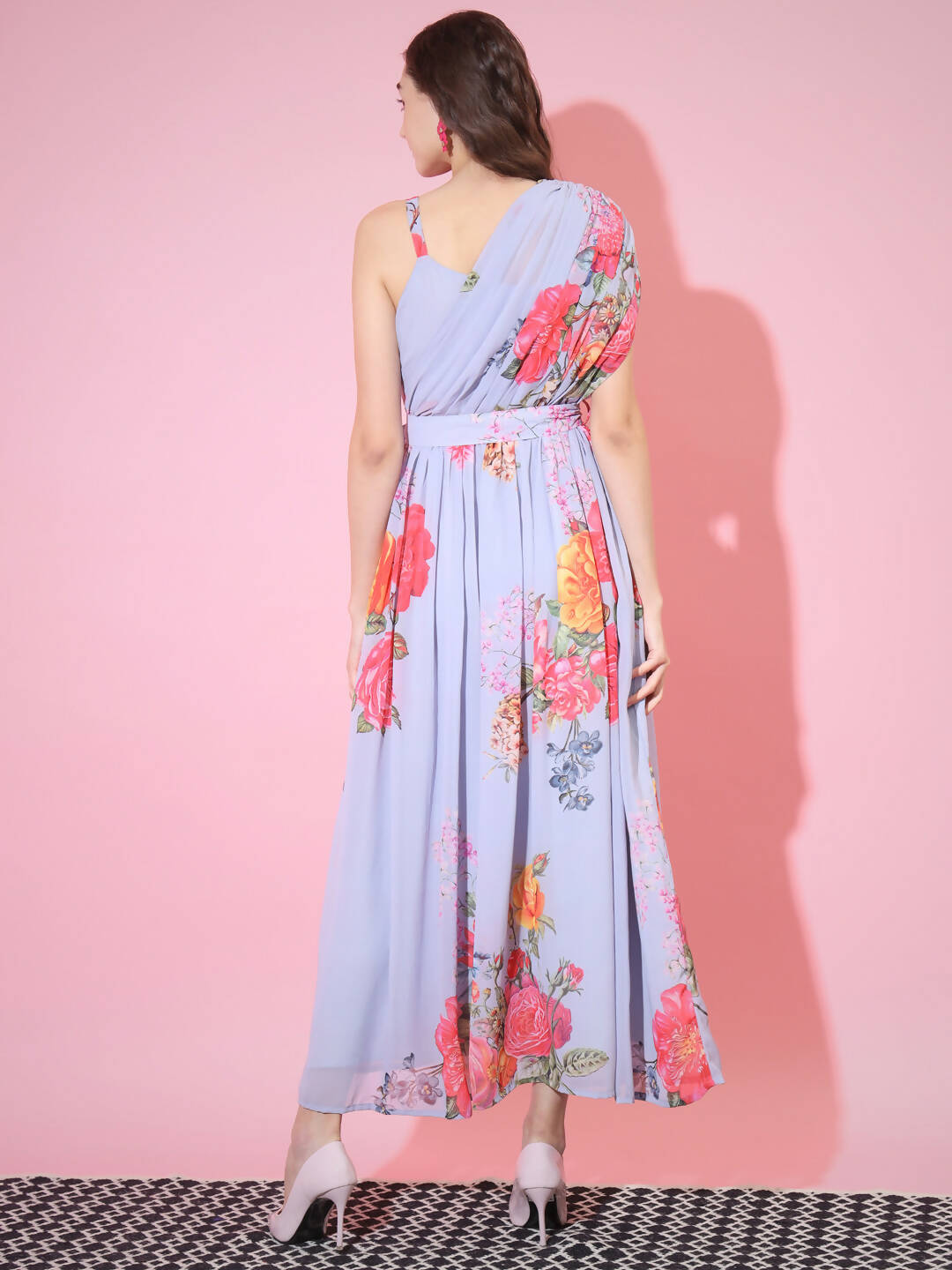 Myshka Women's Grey Floral Printed Empire Dress