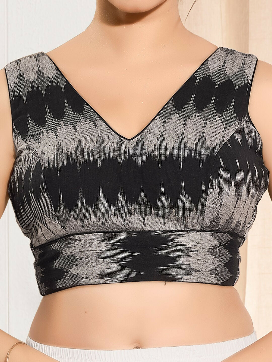 Joban Fashion Black Ikat Silk Padded Blouse With V Neck Sleeveless
