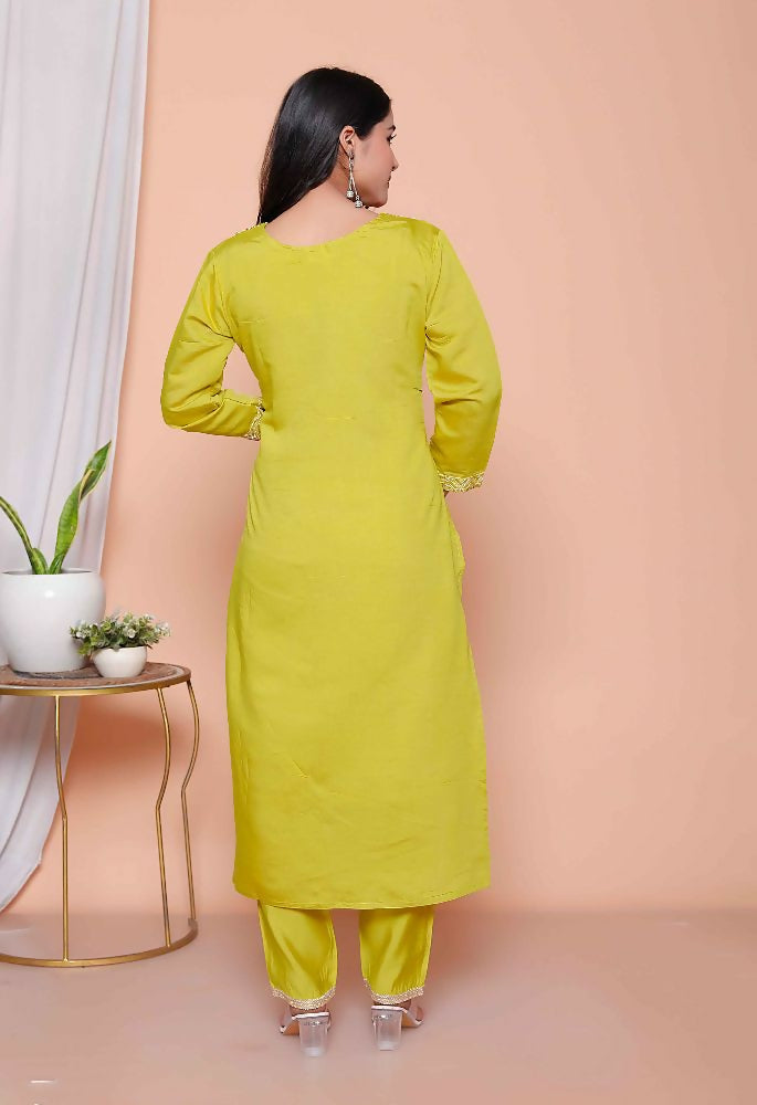 Miravan Womens Muslin Yellow Kurta And Palazzo With Dupatta Set
