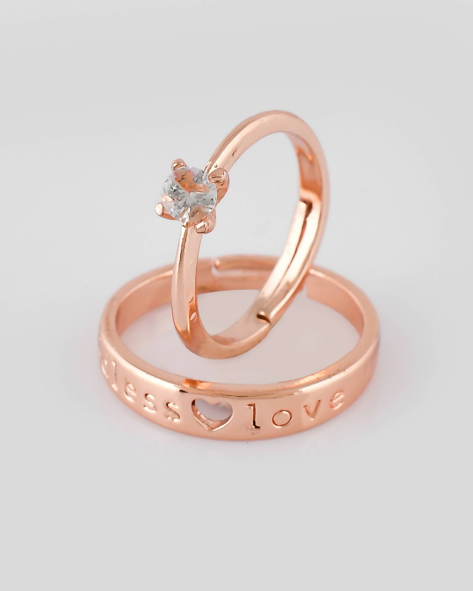VOJ Stainless Steel Cubic Zirconia Gold-Polished Adjustable Couple Ring Set 