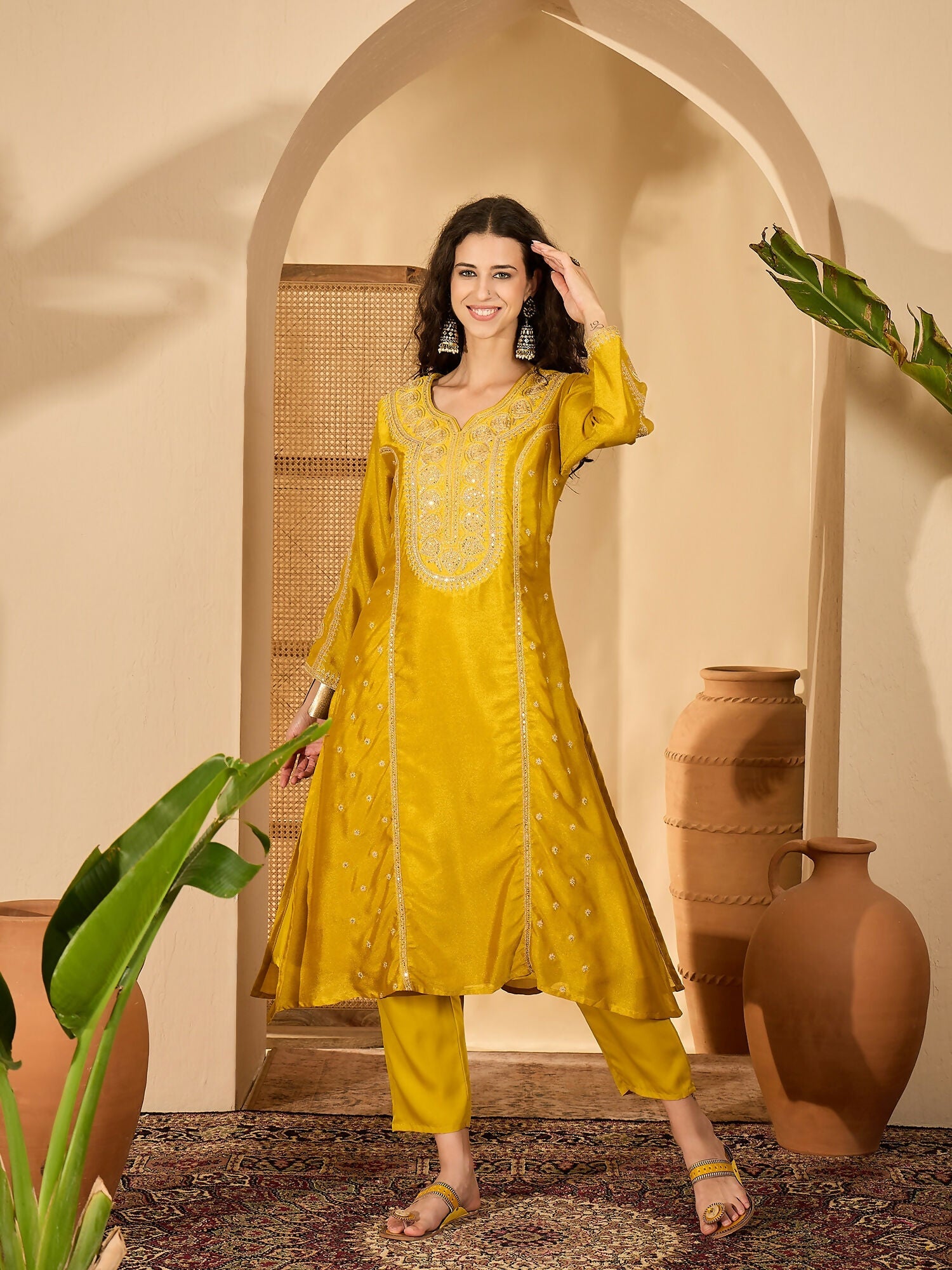 Joban Fashion Embroidery Mustard Vichitra Silk Kurta Set