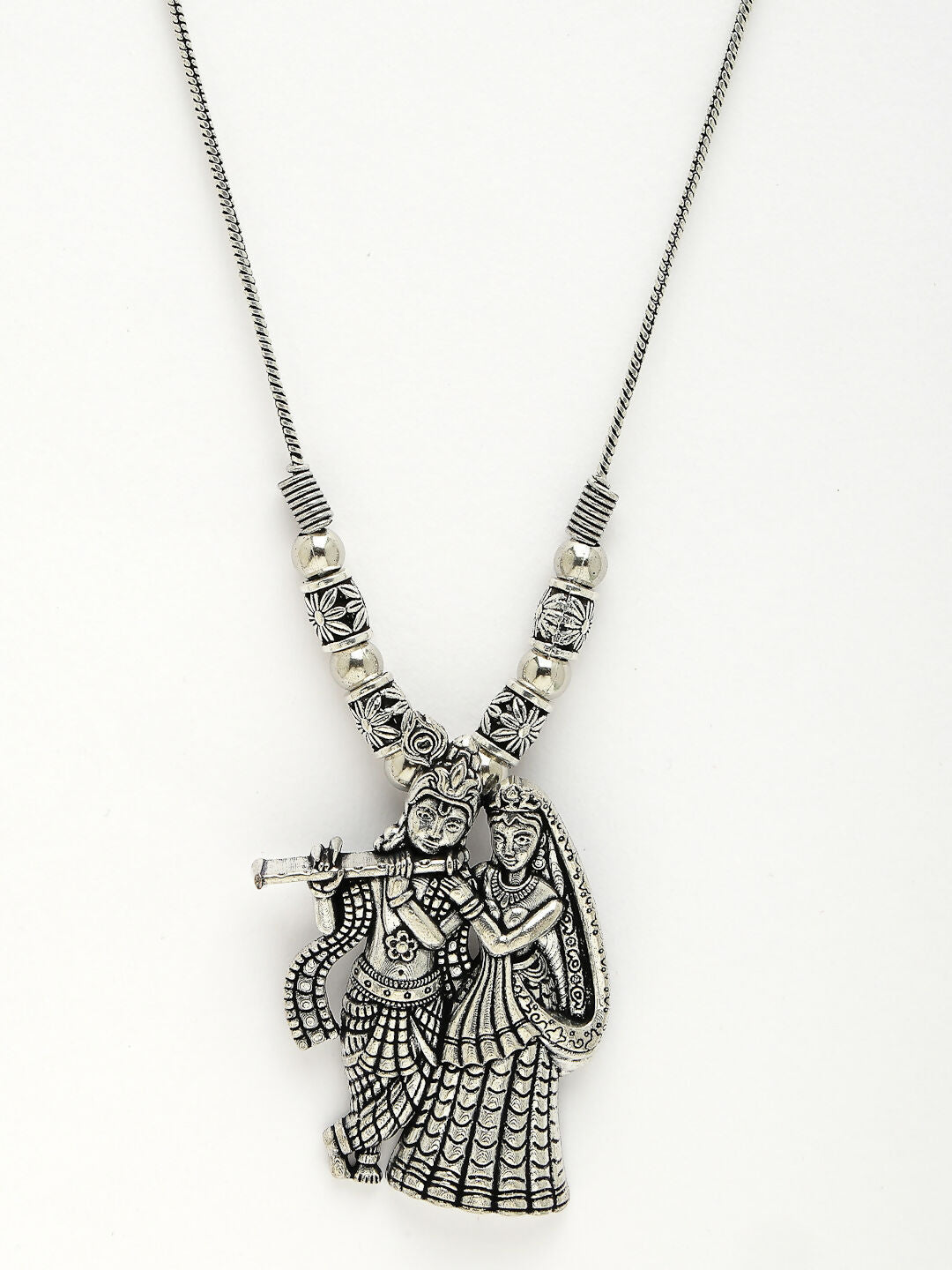 NVR Women's Silver-Toned Radha Krishna Pendant with Chain 