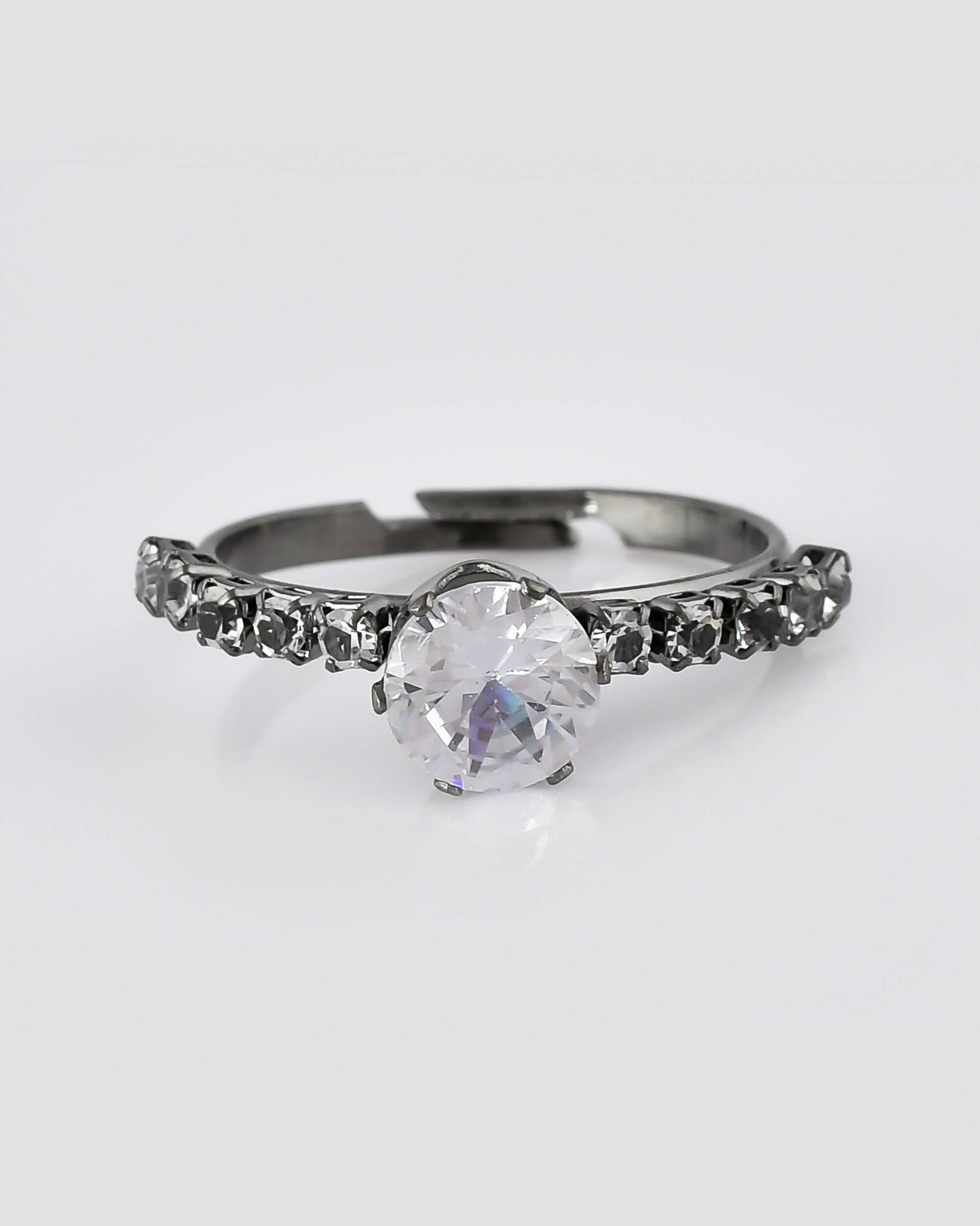 VOJ white CZ-detail Stainless Steel Cubic Zirconia Rhodium Plated Adjustable Finger Ring 