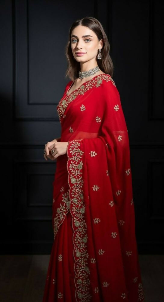 Joban Fashion Red Fandy Satin Silk Party Wear Sarees