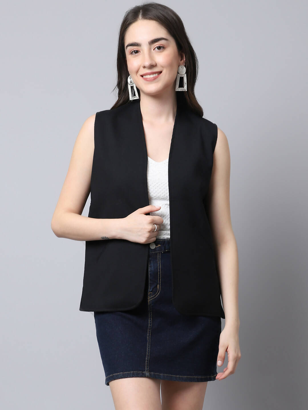 Even Apparels Black Linen Cotton Open Front Women's Waistcoat 