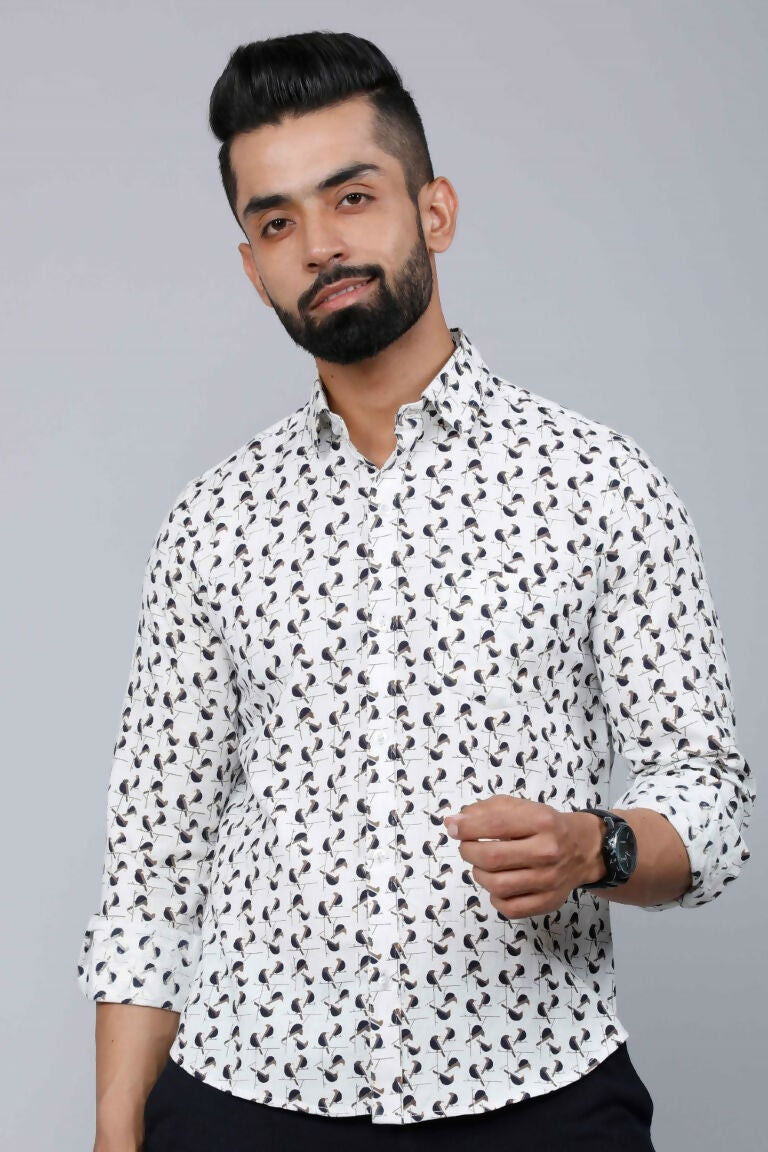 Miravan Men's White Spread Collar Bird Print Casual Shirt 