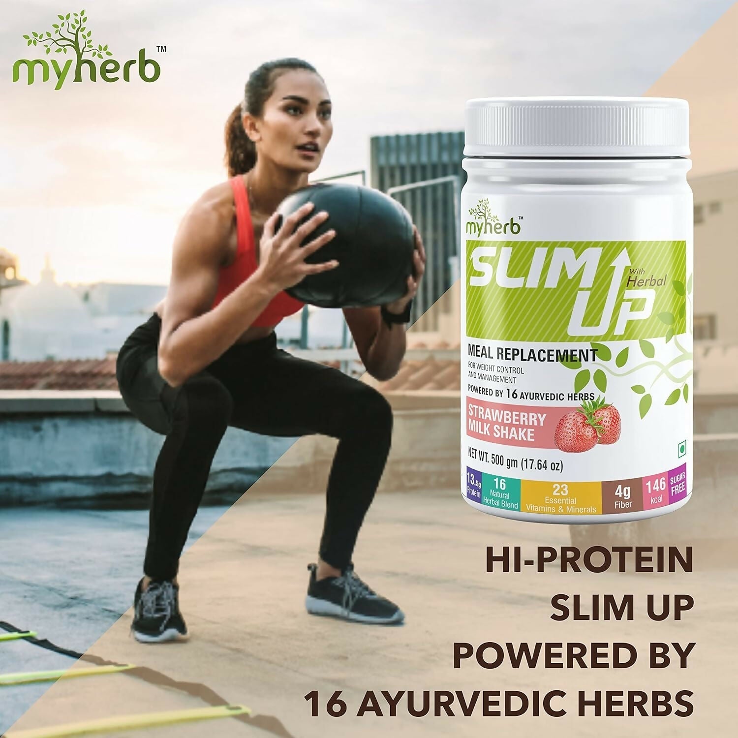 Myherb Slim Up Meal Replacement Shake With 16 Natural Herbal Blend For Men & Women - Strawberry Milk Shake 