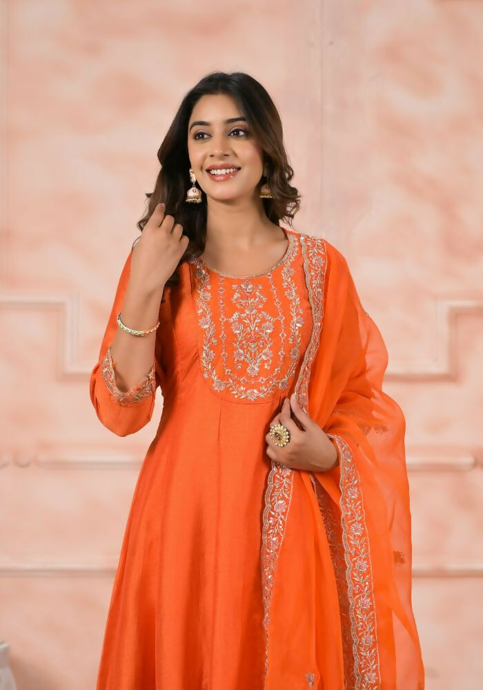Ethnic Festive Wear Slik Orange Stitched Suit With Dupatta - Anbazaar