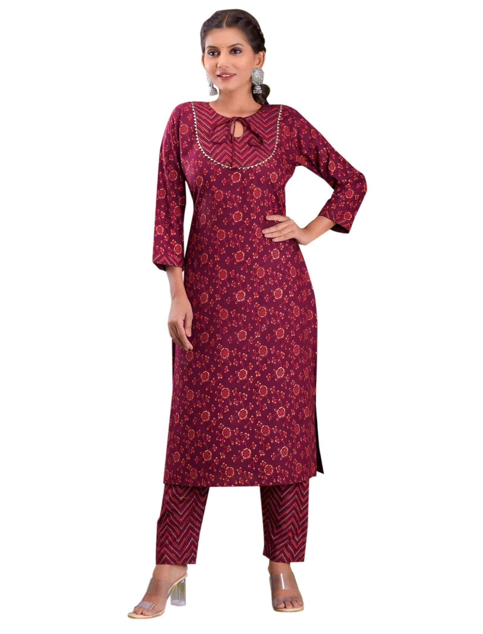 Vamika Foil Print Rayon Wine Red Party Wear/Casual Wear Kurta Set/Suit