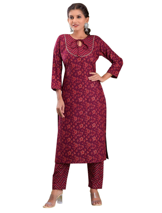 Vamika Foil Print Rayon Wine Red Party Wear/Casual Wear Kurta Set/Suit