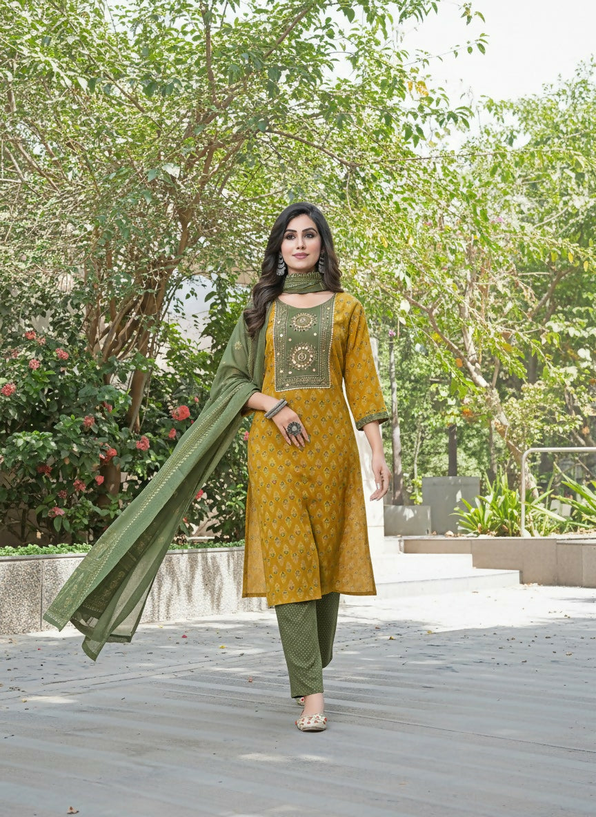 BulBul Aaliya Warm Mustard Cotton Kurta Set with Dupatta 