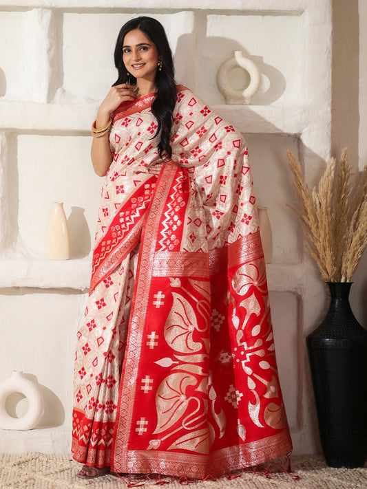 Shree Shyam Fashion Linen Cotton Red & White Saree