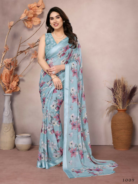Designer Partywear Light Blue Bright Moss Satin Patta Fancy Saree - Kanak