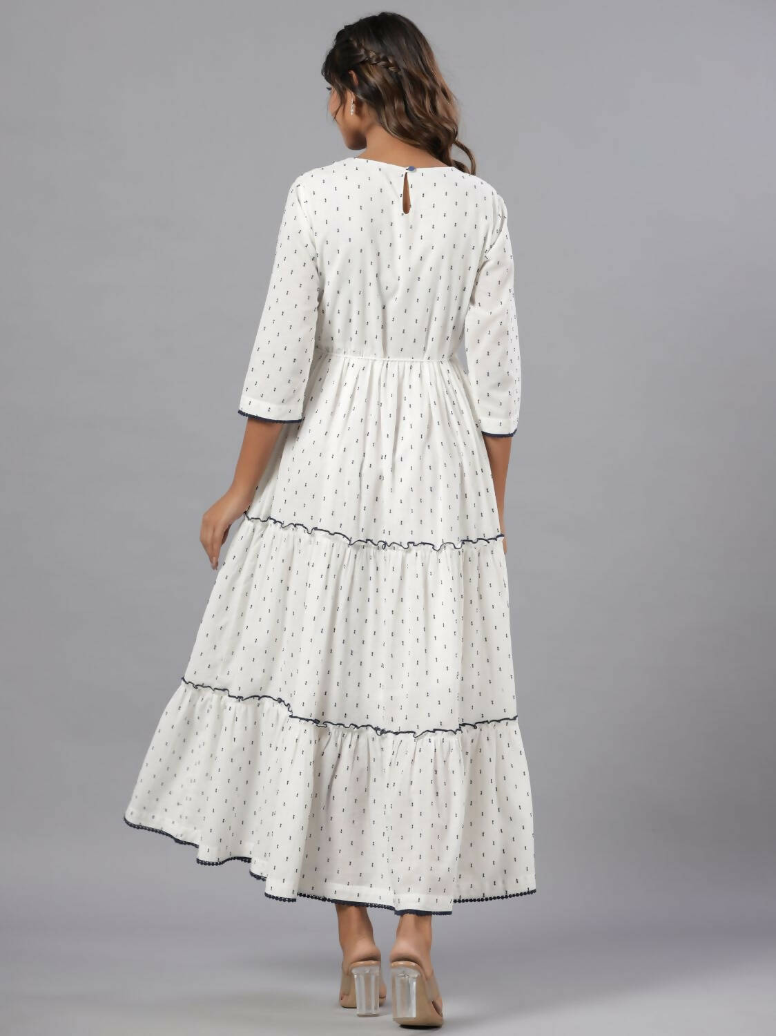 Juniper Women Off-White Cotton Dobby Embroidered Tiered Maxi Dress