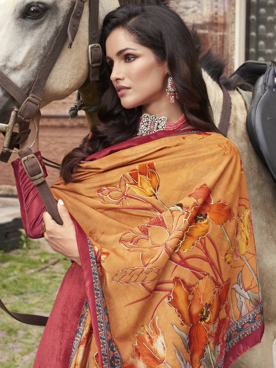 Aastha Fashion Women's Red Velvet Floral Digital Printed Kurta with Trouser & Dupatta - Grab2buy