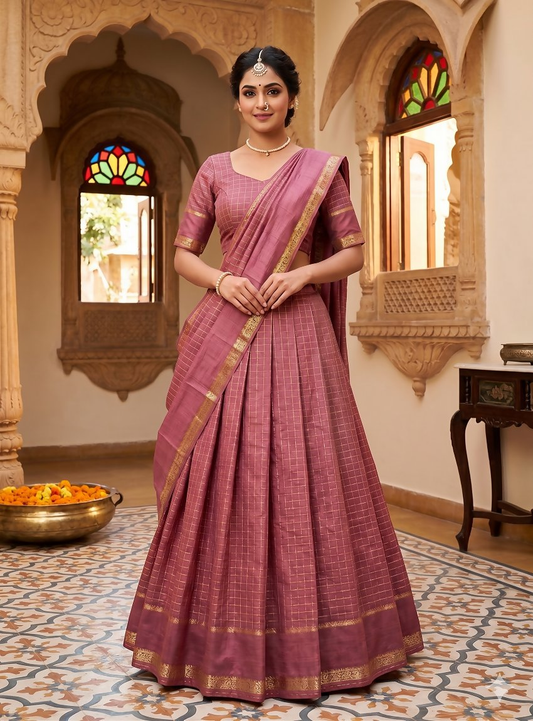 Teeya Creation New South Indian Silk Checked Half Saree Lehenga Choli with Zari Border-Pink
