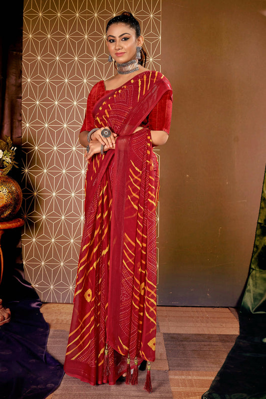 Maroon Chiffon Leheriya Printed Saree With Unstitched Blouse Piece - Shanaya