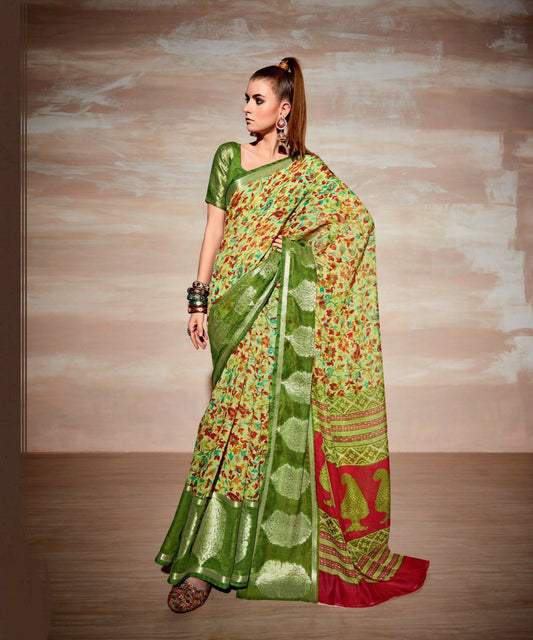 Light Green Cotton Floral Printed Saree With Unstitched Blouse Piece - Kathika