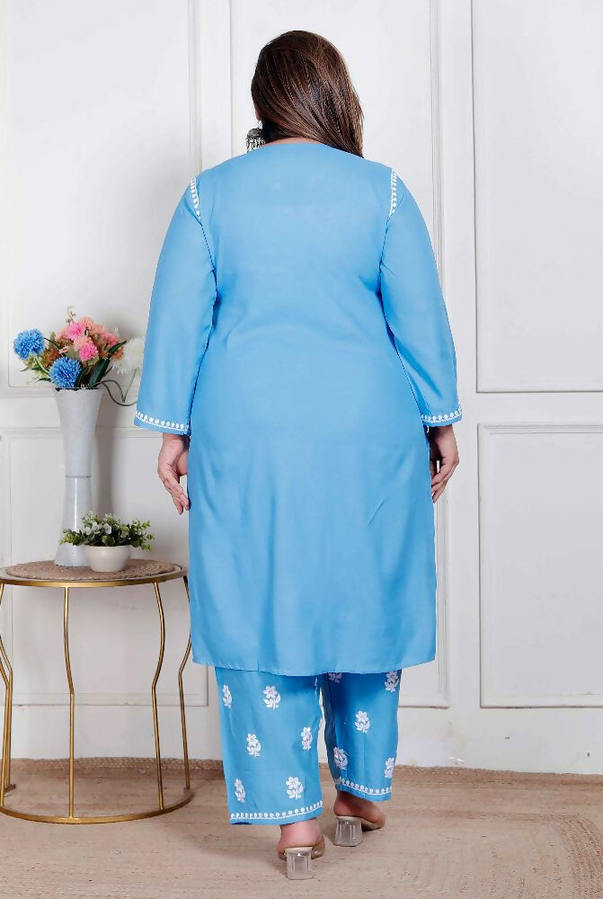 Miravan Womens Plus Size Blue Embroidered Kurta With Palazzo