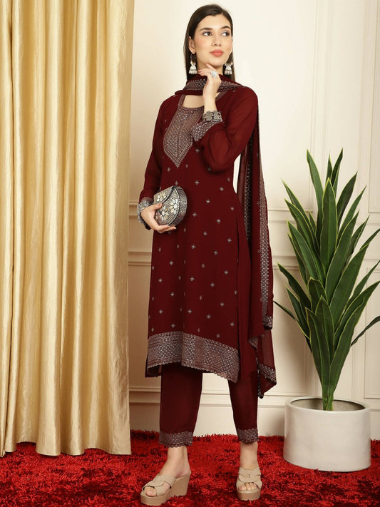 Aastha Fashion Women's Maroon Georgette Resham Thread & Sequin Kurta with Trouser & Dupatta - Grab2buy