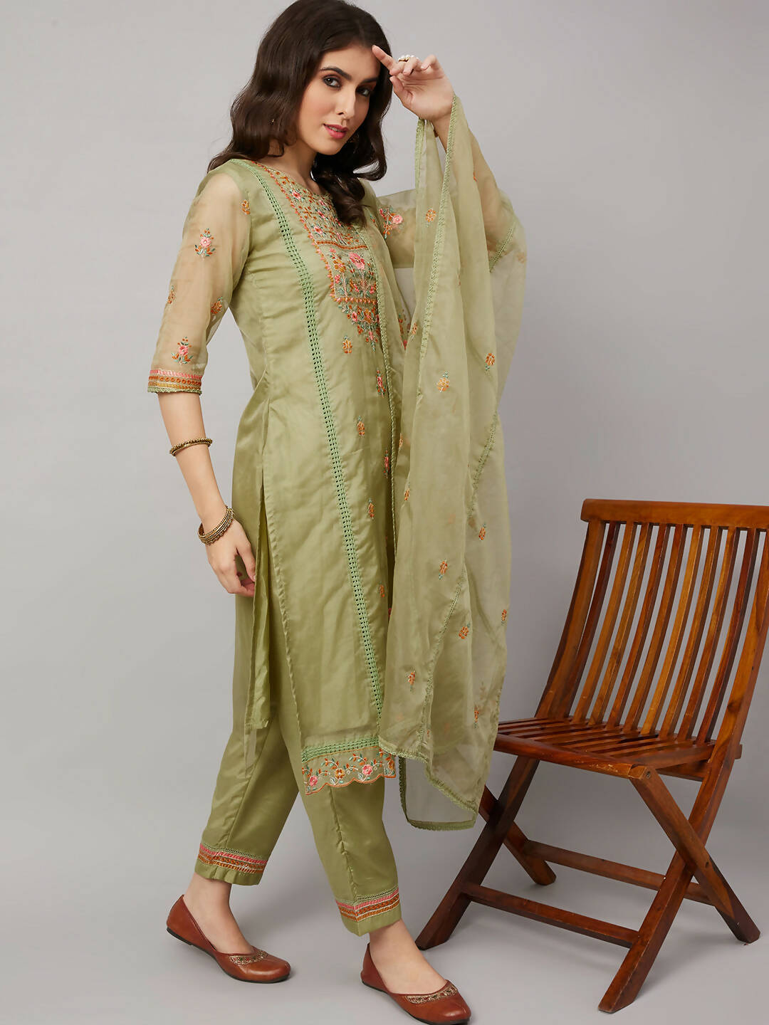 Green Organza Embroidered Kurta with Bottom & Dupatta - Salimar