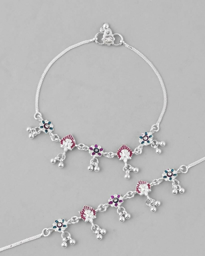 VOJ Set of 2 Silver Plated Designer Multi Color Anklet 