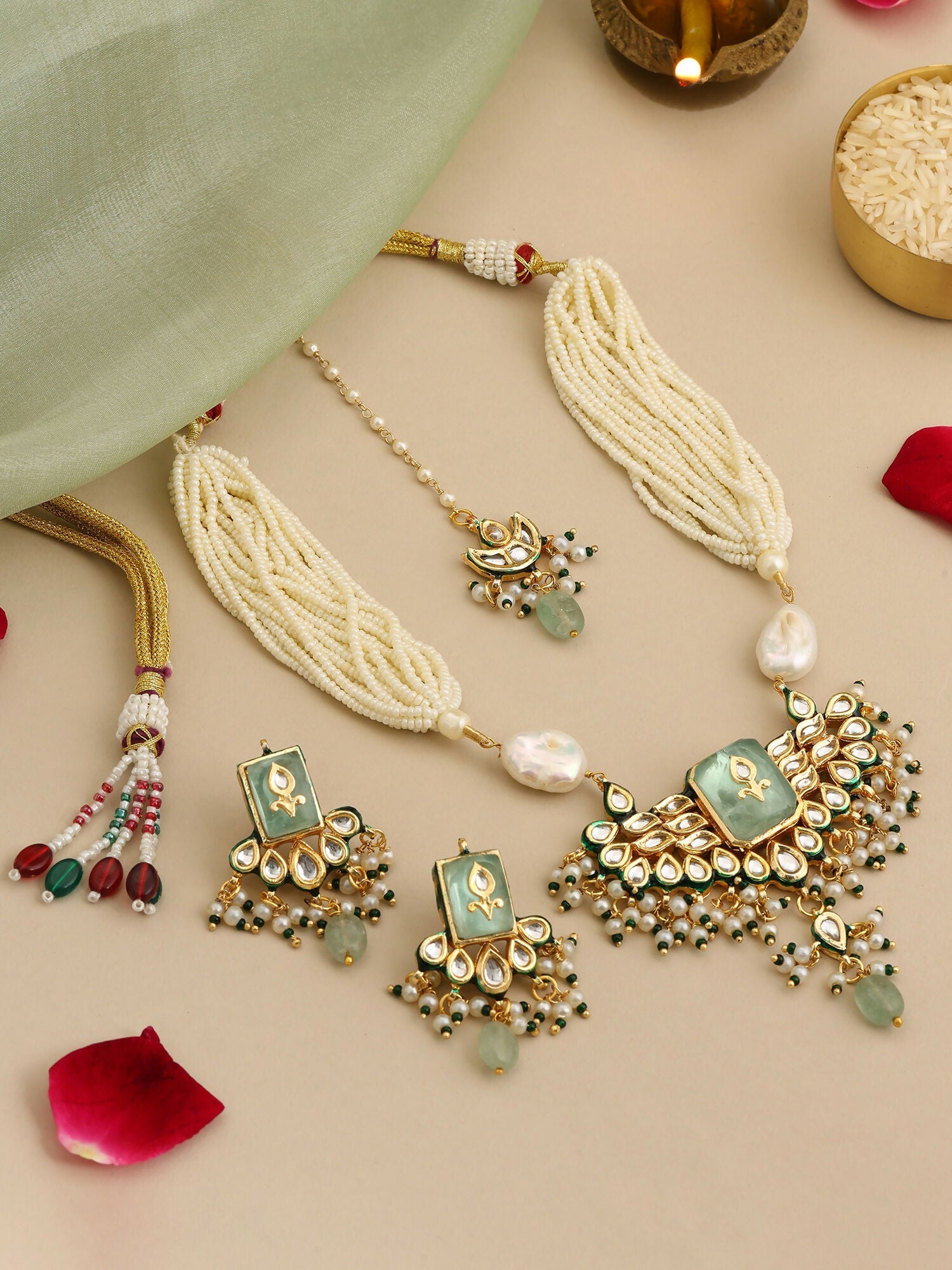 Ruby Raang Pearl Glow Necklace With Matching Earrings And Maang Tikka