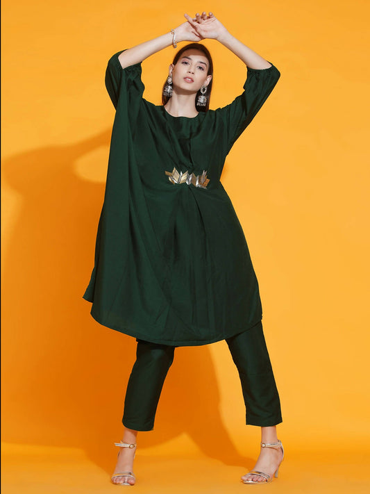 Women Republic Green Fusion Style Kurta With Hand Embellishment And Pants - Grab2buy
